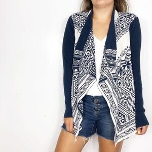 Lucky Brand Women's‎ Navy White Aztec Geometric Open Front Cardigan Sweater L